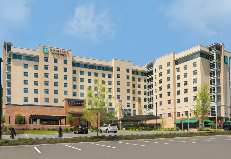 a large hotel building surrounded by grass and trees , with a parking lot in front of it at Embassy Suites by Hilton Berkeley Heights