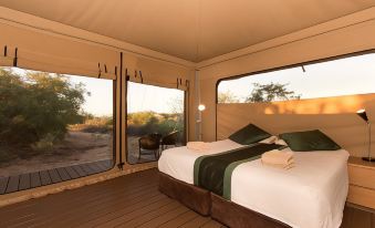 a bedroom with a large bed and multiple windows that open up to a desert landscape at Eco Beach Wilderness Retreat