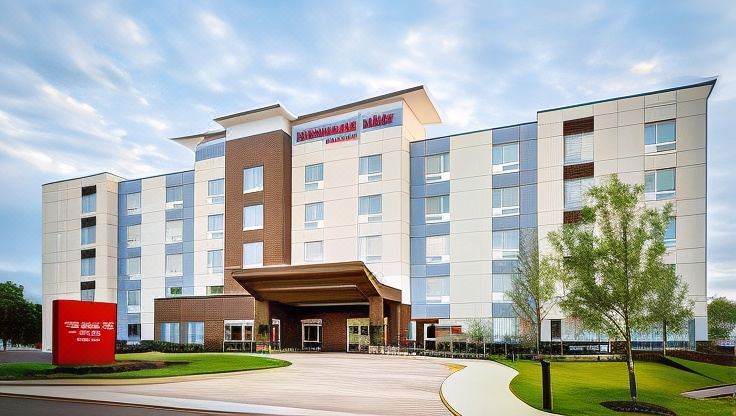 "a large hotel with a red sign that says "" hilton "" on the side of the building" at TownePlace Suites Clovis