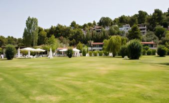 a large , well - maintained grassy field with trees and shrubs surrounding it , and a building in the background at Skiathos Holidays Suites & Villas