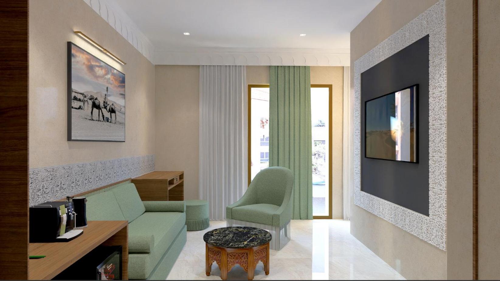 豪华房双人床， 园景