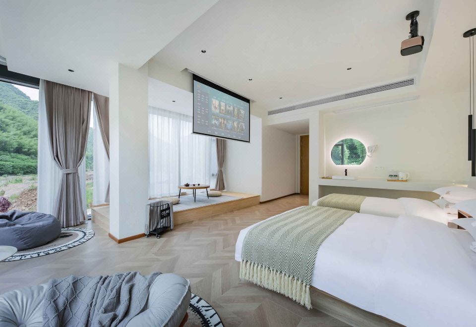 Ximeng Unique Family Twin Room With 270 ° Wannan Stream-View Window, 100-Inch Projection, Tatami Tea Table&Smart Toilet