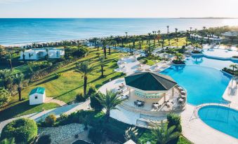 aerial view of a resort with a pool surrounded by palm trees and a beach in the background at Iberostar Selection Royal El Mansour