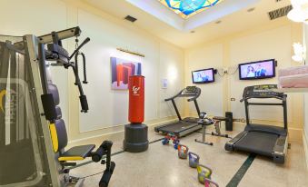 a well - equipped gym with various exercise equipment , including treadmills and weight machines , as well as a television mounted on the wall at Grand Hotel Adriatico