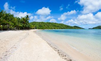 a sandy beach with clear blue water and lush green mountains in the background , under a sunny sky at Navutu Stars Resort