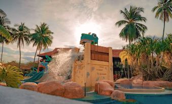 a water park with a large slide and a pool , surrounded by palm trees and a building at Pelangi Beach Resort & Spa, Langkawi