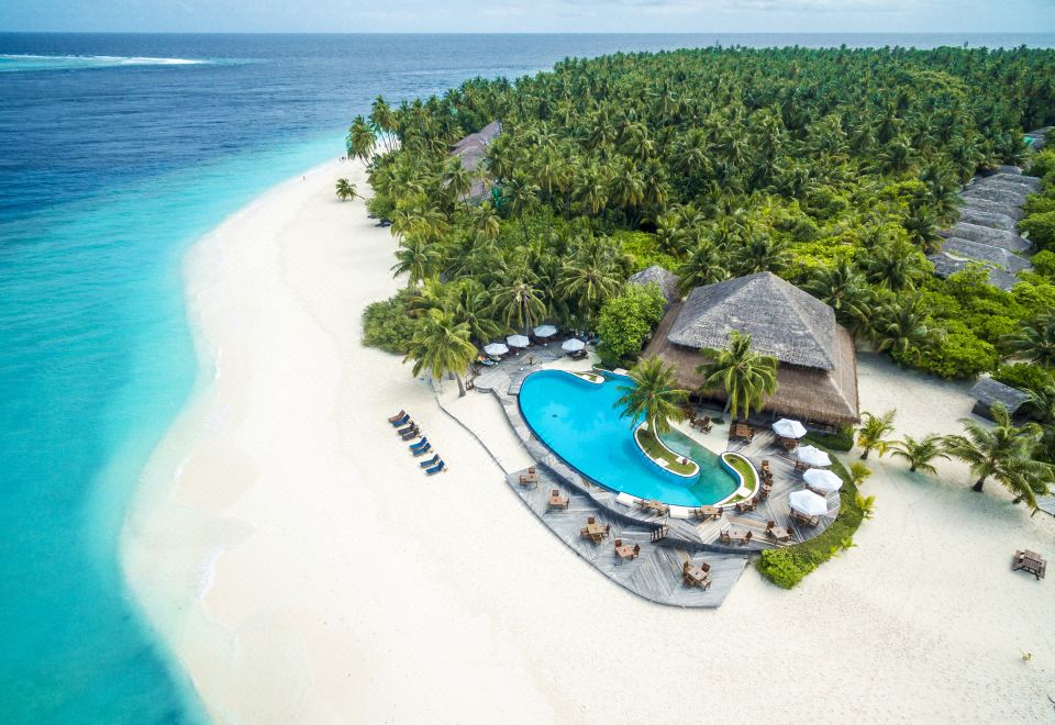 a luxurious beach resort with a large pool surrounded by palm trees and a sandy beach at Filitheyo Island Resort