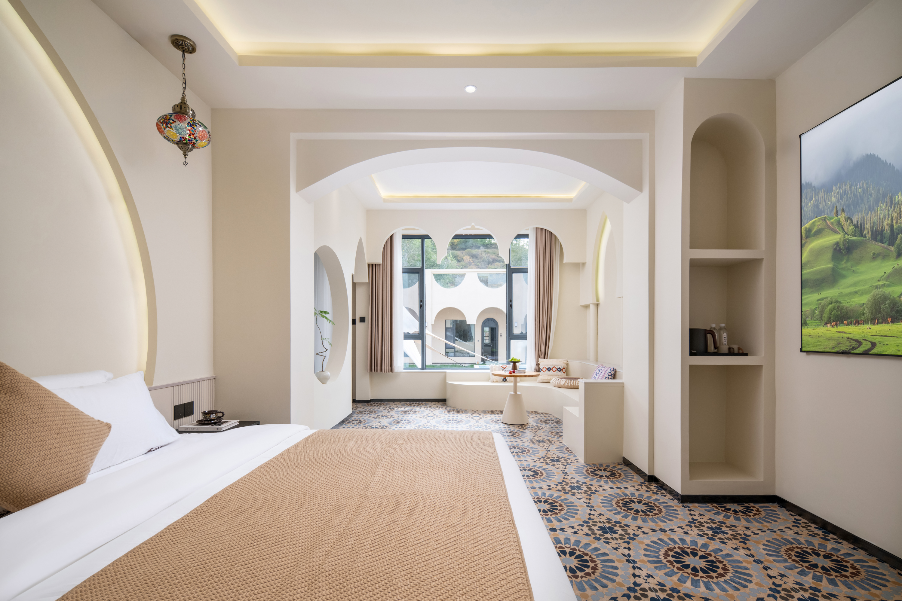 一叶眠电影大床房「温馨休息区」落地窗视野·0压床枕