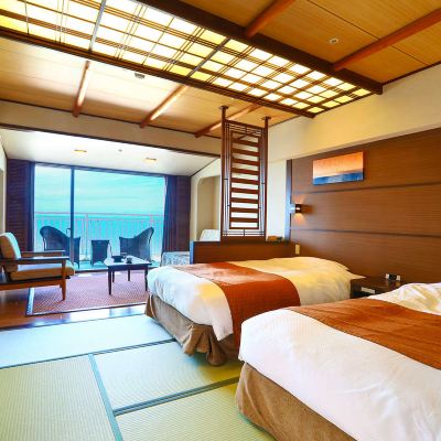 【禁煙】スーペリア和ベッドツインシャワーのみテラス付(オーシャンビュー) 夕映えの宿 汐美荘 クーポン