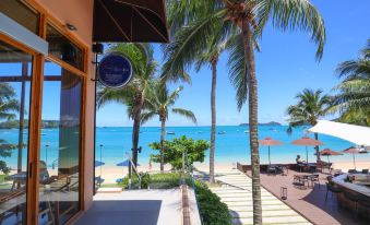 a beachfront restaurant with palm trees , umbrellas , and people walking along the boardwalk , as well as the ocean in the background at Bandara Villas, Phuket