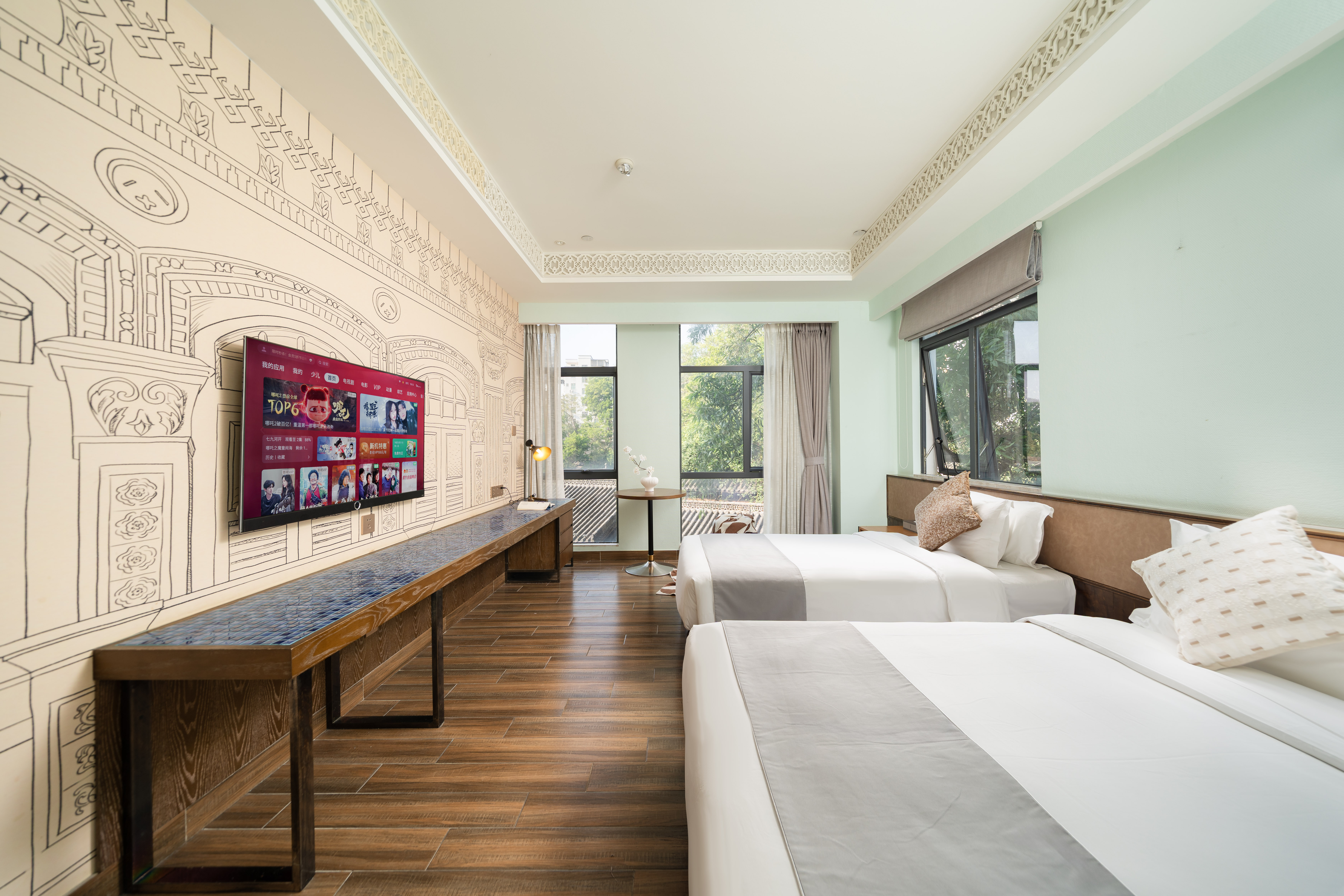 Overseas Chinese Town Nanyang Inn (Gankeng Ancient Town Shop)Coconut Talk · Parent-Child Twin Room (High-Floor French Windows + Parent-Child Space + Hakka Nostalgia)