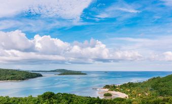 a scenic view of a tropical beach with blue water , white sand , and green trees under a cloudy sky at Navutu Stars Resort