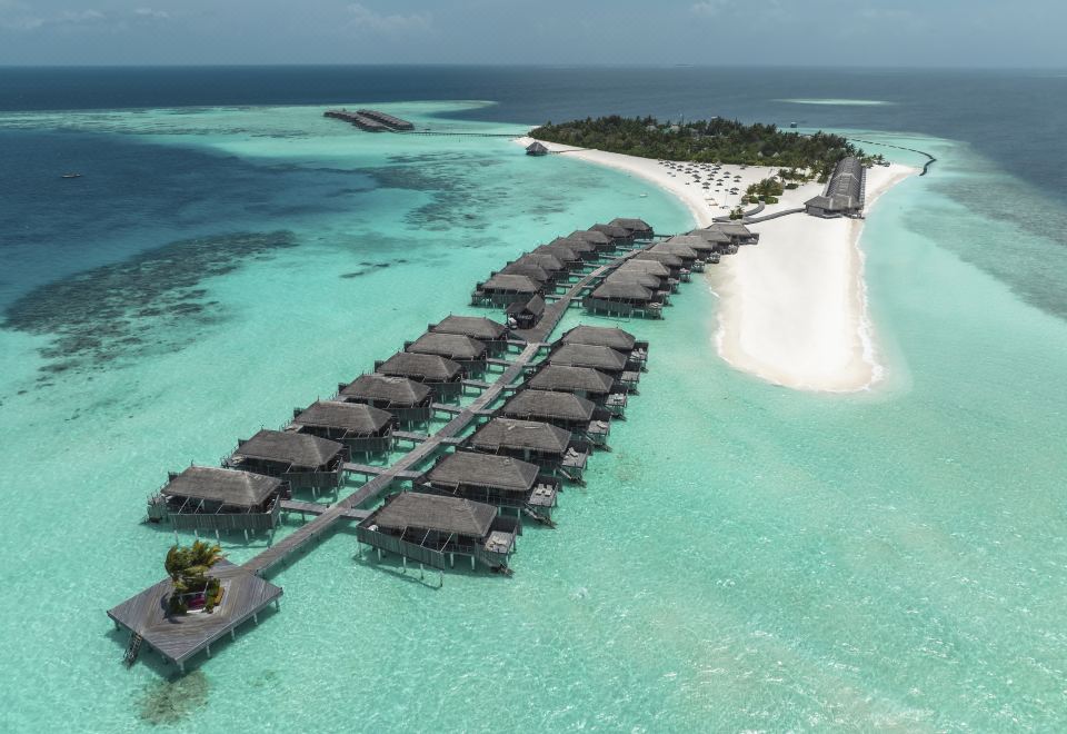 a row of overwater bungalows with thatched roofs on stilts , overlooking a beautiful white sand beach at Constance Moofushi