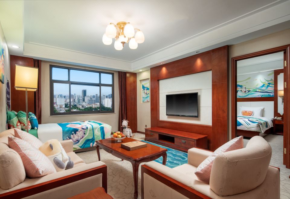 主题亲子套房「可爱趣玩屋+2床1厅+益智积木+欢乐木马」