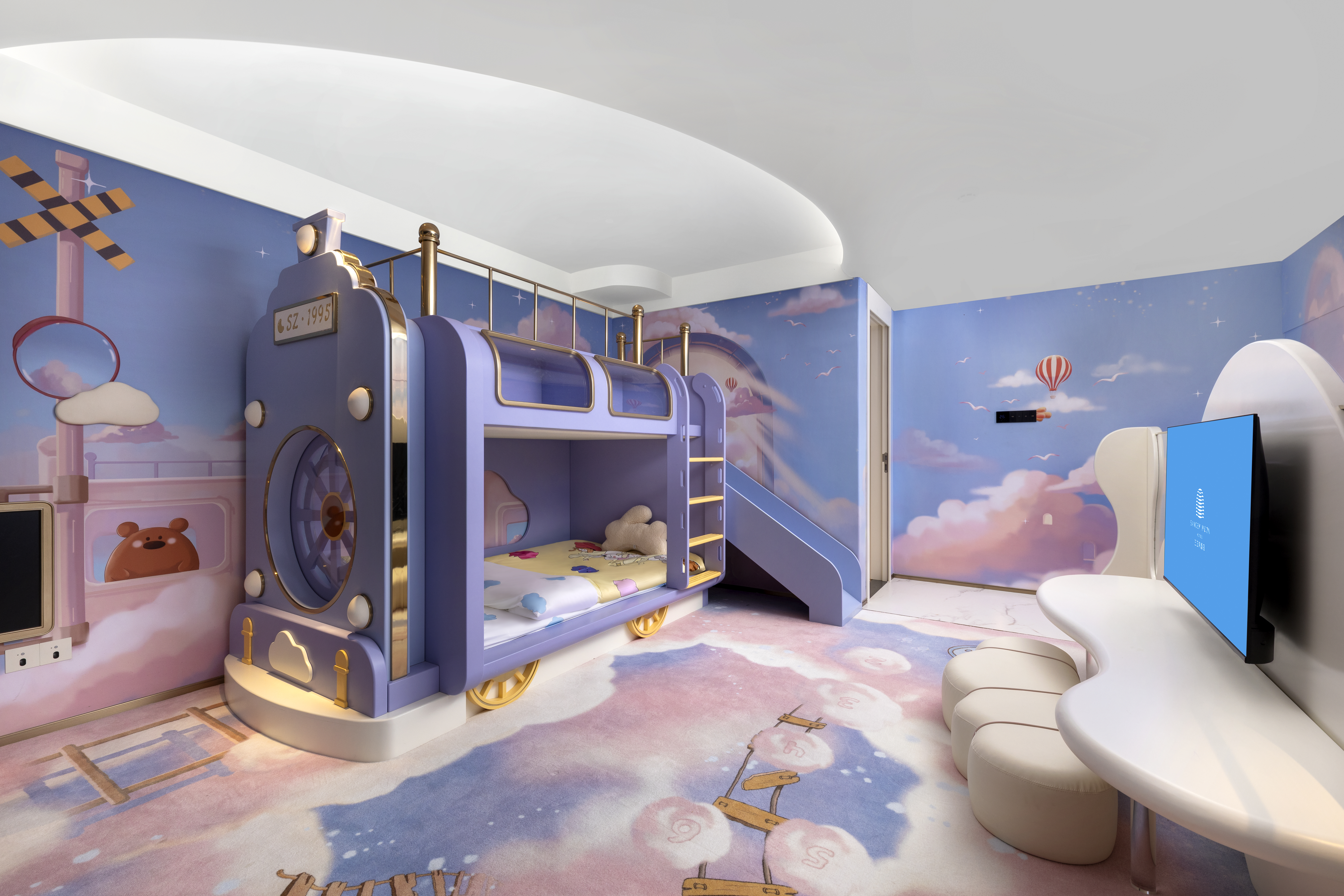 比心兔复式亲子房-高低床（带滑梯）