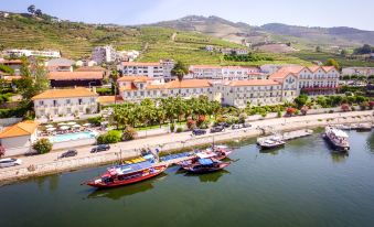 a picturesque view of a marina with several boats docked along the water , surrounded by buildings and mountains at The Vintage House - Douro