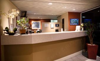a hotel reception desk with a television mounted on the wall , indicating that it is a hotel at Twin Towers Inn