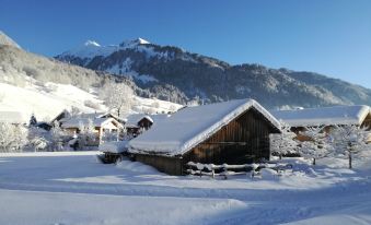 a small wooden house surrounded by snow - covered mountains , with a clear blue sky in the background at Hotel Hubertus - Au Bregenzerwald