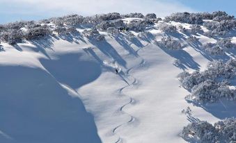 a snow - covered hillside with footprints leading up to it , casting shadows on the snow - covered ground at Kosciuszko Tourist Park