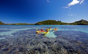 a group of people kayaking in the clear blue water , with a tropical island in the background at Mantaray Island Resort