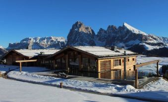 a large wooden building with a sloping roof is situated on a snowy mountain range at Adler Spa Resort Dolomiti
