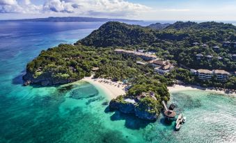 aerial view of a tropical island with a sandy beach , palm trees , and lush vegetation at Shangri-La Boracay