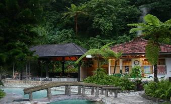 a small wooden house surrounded by lush greenery , with a pool in front of it at Rainbow Hotel