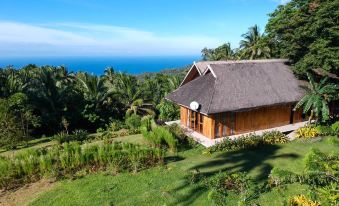 a wooden house with a thatched roof sits on a hillside overlooking the ocean , surrounded by lush greenery at Volcano House