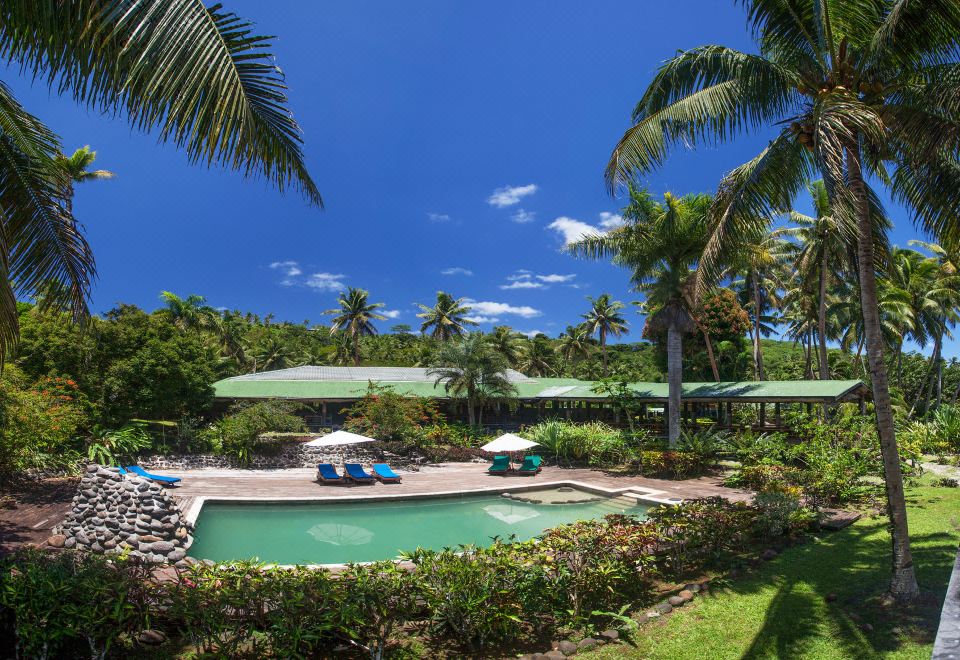 a large outdoor pool surrounded by palm trees , with several lounge chairs and umbrellas placed around the pool area at Maravu Taveuni Lodge