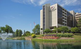 "a large building with the logo "" sheraton suites "" in front of a pond and trees" at DoubleTree by Hilton Chicago - Oak Brook