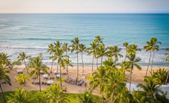 a tropical beach with palm trees , umbrellas , and people enjoying the scenery , set against the backdrop of a clear blue sky at Small Luxury Hotels of the World - Sublime Samana Hotel & Residences