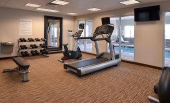a gym with various exercise equipment , including a treadmill and weights , in front of large windows at Holiday Inn Express & Suites Williams