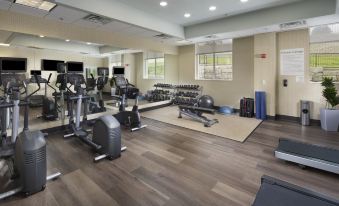 a well - equipped gym with a variety of exercise equipment , including treadmills , weights , and a treadmill desk at Holiday Inn & Suites Arden - Asheville Airport