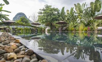 a large outdoor swimming pool surrounded by lush greenery , with several lounge chairs and umbrellas placed around the pool at Tam Coc Garden Resort