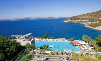 a large swimming pool is situated next to a body of water with stairs leading down to it at Duja Bodrum