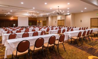 a large conference room with rows of tables and chairs , a chandelier , and a stage at the end at Holiday Inn Dublin - Pleasanton, an IHG Hotel