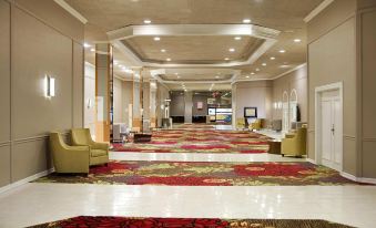 a large , well - lit hotel lobby with red carpeted floors , comfortable seating arrangements , and an elevator at Plaza Hotel & Casino