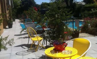 a beautiful outdoor space with yellow and white furniture , flowers , and a swimming pool in the background at Parkwood Motel and Apartments