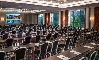 a large conference room with rows of chairs arranged in a semicircle , and a podium at the front of the room at Pentahotel Wiesbaden
