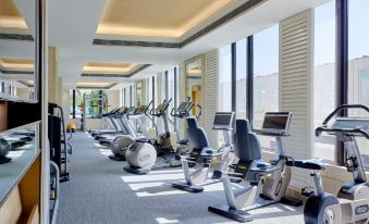There is a gym with large windows and various types of treadmills available at The Royal Garden Hotel