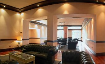 a large , well - lit room with multiple couches and chairs arranged in a comfortable seating area at Hotel Mediterraneo