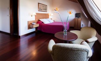 a hotel room with a large bed , wooden floors , and a potted plant on the side at Hotel Valencia