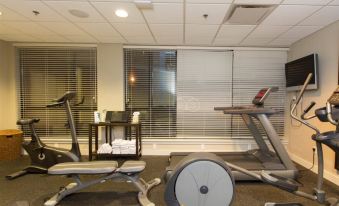 a gym room with various exercise equipment , including treadmills and weight machines , near a window with blinds at Oswego Hotel