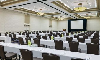 a large conference room with rows of tables and chairs , a projector screen , and two lights on the ceiling at Delta Hotels by Marriott Baltimore Hunt Valley