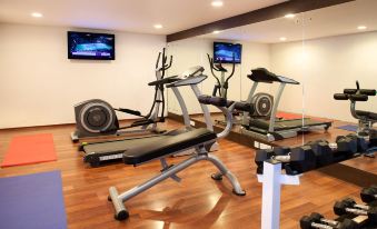 a well - equipped gym with various exercise equipment , including treadmills and weight machines , under a white ceiling at Sterling Munnar