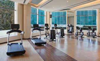 a well - equipped gym with various exercise equipment , such as treadmills , stationary bikes , and weight machines at Sheraton Grand Bengaluru Whitefield Hotel & Convention Center
