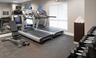 a gym with a treadmill , stationary bike , and weights in front of a window at Sonesta ES Suites Nashville Brentwood