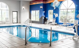 a large swimming pool with a mural of dolphins on the wall and lounge chairs around it at Wingate by Wyndham Clearfield