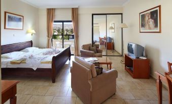 a spacious bedroom with a king - sized bed , a flat - screen tv , and a bathroom with a shower at Panareti Coral Bay Resort