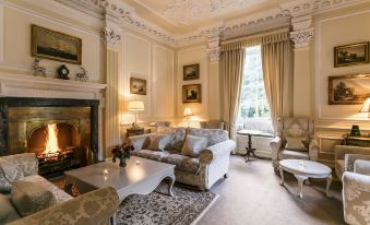 a luxurious living room with a fireplace , white couches , and a rug on the floor at Eshott Hall
